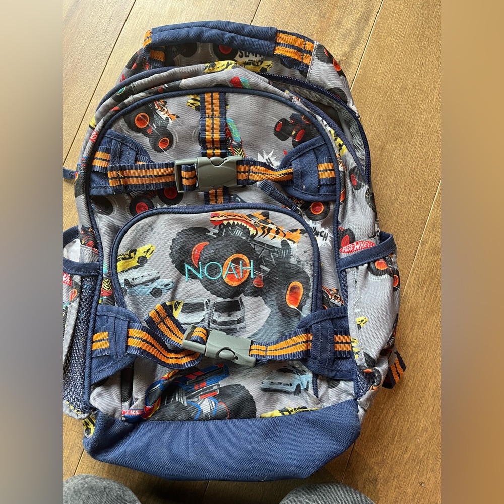Pottery Barn Kids Gray Monster Truck Backpack with Orange and Navy Accents
